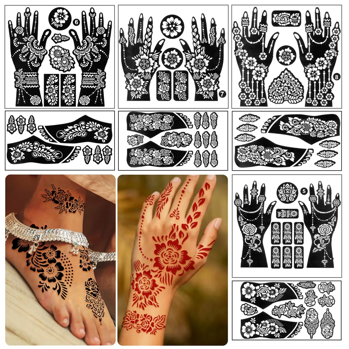 Muslim Style Tattoo Templates, Large Size, Compatible with Juice Henna Paste, Nail Art, Casual Design, 8 Pieces, No Ca Prop 65 Warning, Henna Stencil, DIY Tattoos, Temporary Tattoos