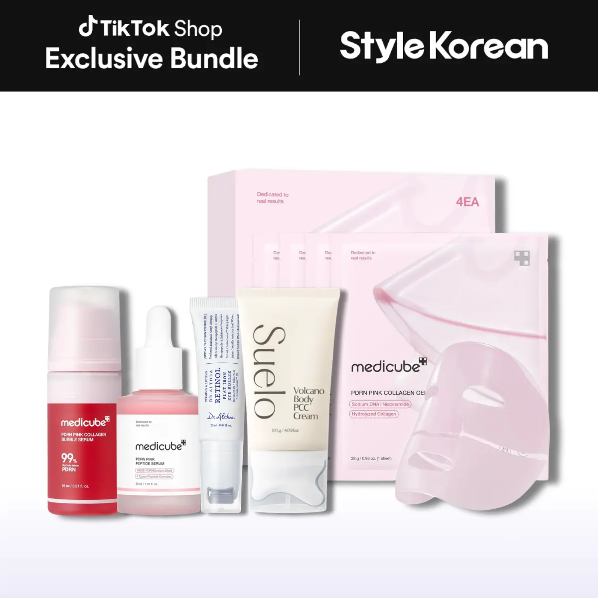[StyleKorean] Night Care Routine for Lifting - [Medicube] PDRN Pink Collagen Bubble Serum 95ml, PDRN Pink Collagen Gel Mask 4ea, PDRN Pink Peptide Serum 30ml, [Dr.Althea] Retinol Flat Iron Eye Roller 25ml, [SUELO] Volcano PPC Body Cream 120ml