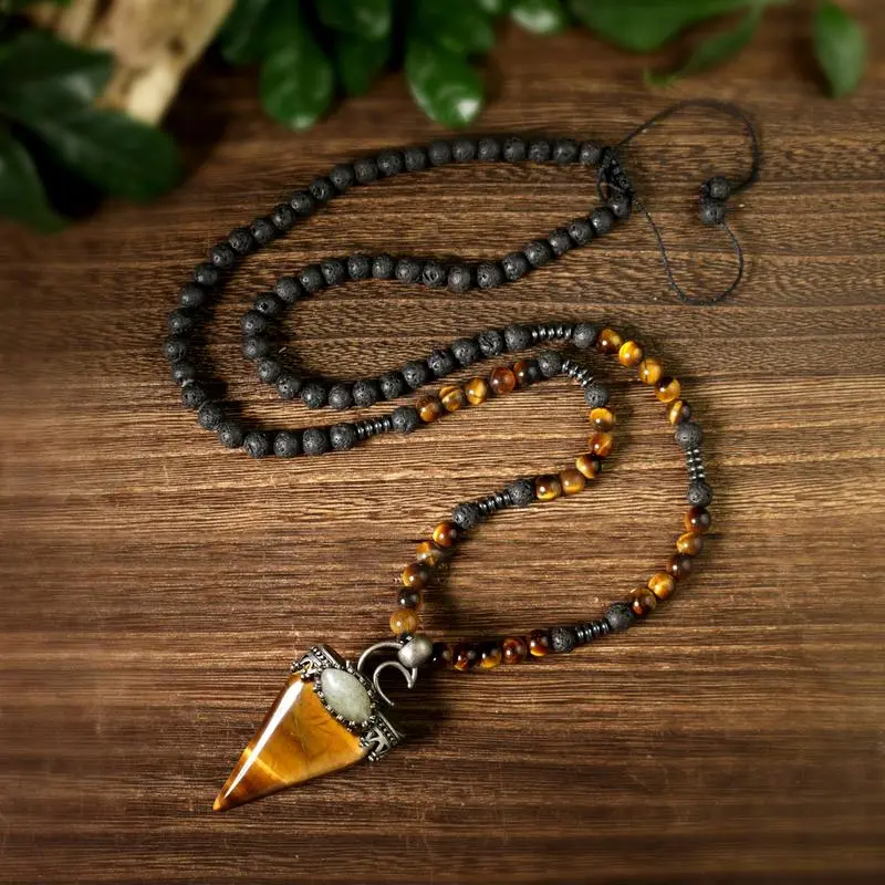 Natural Lava Rock & Tiger Eye Beaded Arrowhead Charm Necklace - Ethnic-Inspired, Artistic, Bead-Based, Hand Crafted, Arrowhead Stone Meditation Healing Jewelry for Men & Women, Ethnic-Inspired Necklaces, Artistic Necklaces