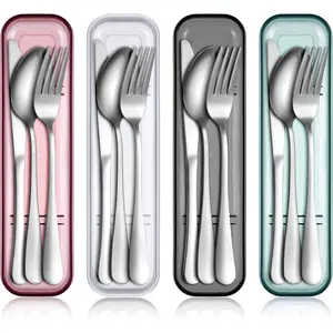 4 Pack Portable Travel Utensils Set with Case Reusable Stainless Steel Silverware Flatware Camping Cutlery Include Fork Spoon Knife for Work School Dishwasher Safe(White, Green, Red, Black)
