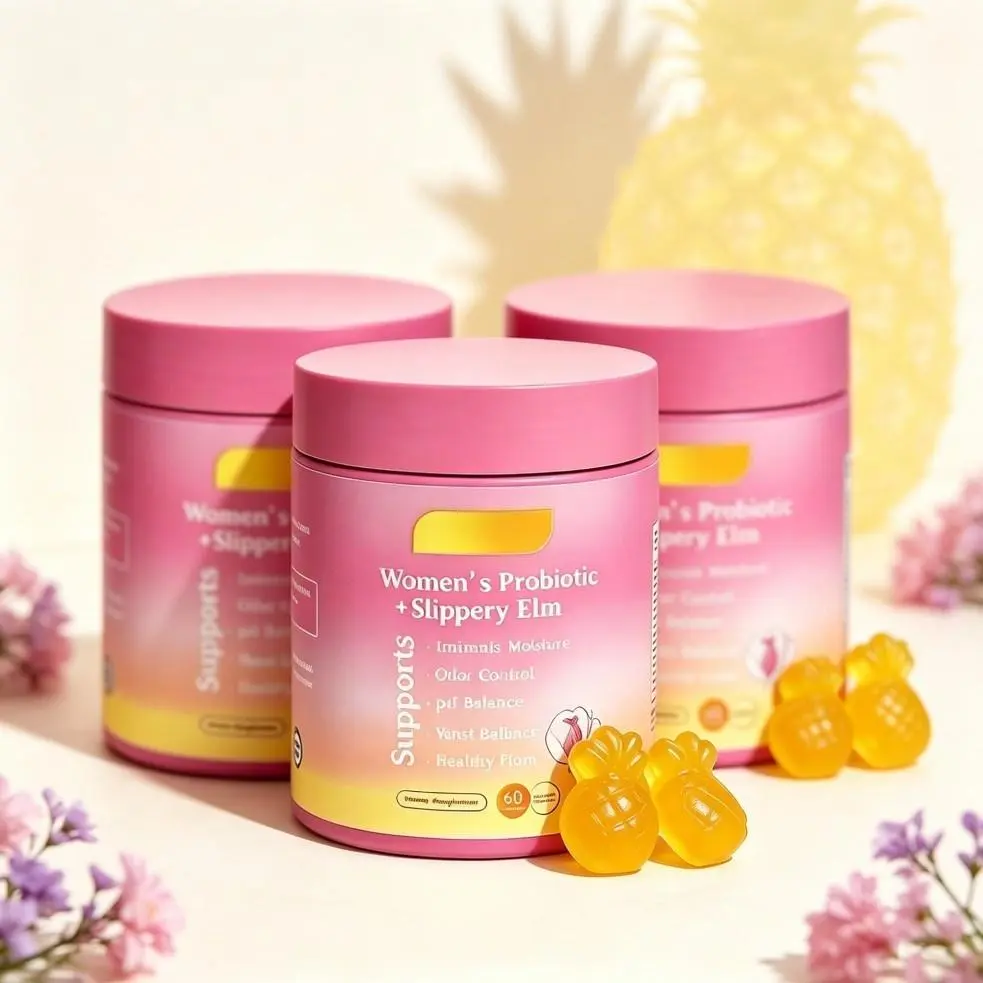 Women's Probiotic Gummies with Slippery Elm Root Extract, Daily Feminine Wellness Supplement for Vaginal pH Balance, Odor Control & Long-Lasting Moisture Support, 60 Pineapple Flavor Chews