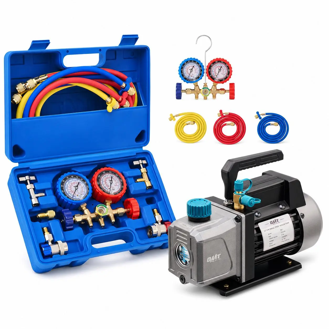 【SpotlightDay】Orion Motor Tech AC Vacuum Pump & Manifold Gauge Combo Kit, 3.5CFM 1/4HP Pump, Complete Accessories Hoses Can Taps Adapters Fits R134a R12 R502 Automotive AC HVAC Maintenance