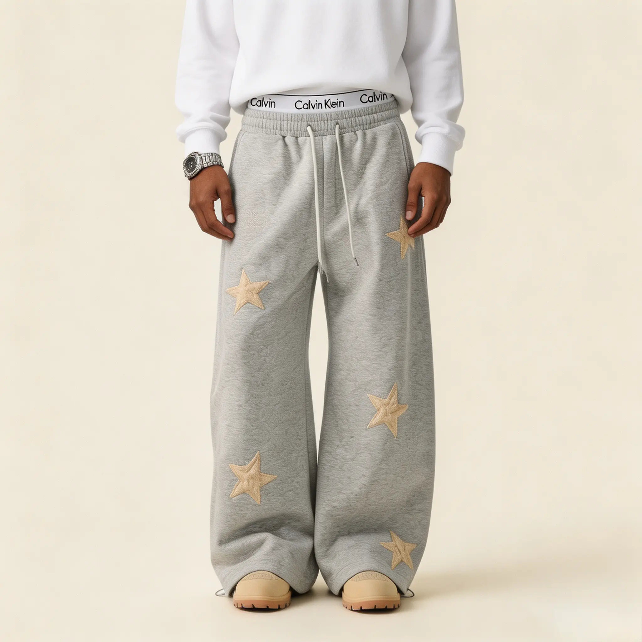 Unisex wide-leg sweatpants made of fluffy sherpa fleece, featuring star patch embroidery, drawstring waist, adjustable cuff hem, side pockets, oversized loose fit, soft fabric; unisex joggers in American retro hip-hop streetwear style.