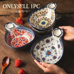 Polish Style Ceramic Dumpling Plate with Hand-Painted Relief, Underglaze Color Decorative Tray, Multi-Purpose Serving Dish for Parties & Home