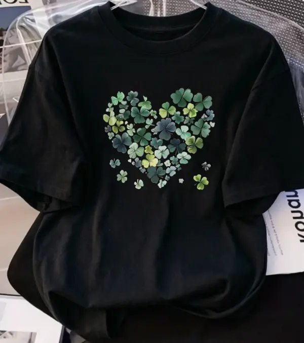 Green Shamrock Heart Composition Print Graphic Top Bestie Date Park Leisure Soft Cotton Womens T‑Shirt Lucky Vibe Heat Transfer Print Short Sleeve