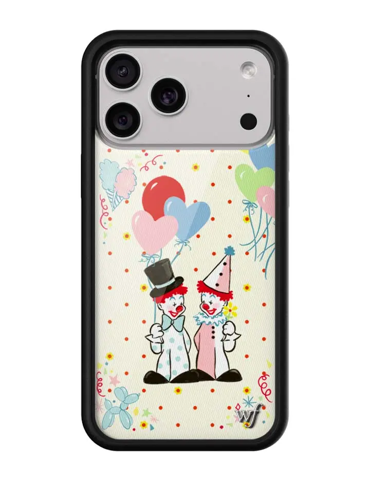 Nick Sturniolo | Limited Edition Trendy Collab iPhone Case | Raised Protective Black Bumper | Women Owned Small Business | Pastel White Background Baby Blue Polka Dots Colorful Balloons Clowns | Safety Casing Protective | Gift for Her Cellphone Rubber