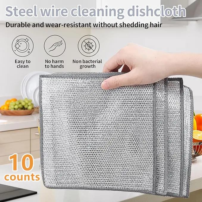 10-Count Stainless Steel Wire Scrubber Wet-Dry Cleaning Cloths, Durable Easy Clean, Super Absorbent Reusable, Abrasive Resistant Scratch Resistant Daily Home Care Rags for Cookware Care