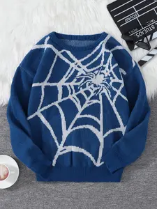 New Fashion Autumn Winter Spider Web Jacquard Pullover Sweater, Casual Round Neck Knit Men's Jumper, Spring & Fall Fitted Style