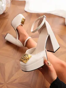 Women's Black & White Platform Heels with 3D Gold Rose Ornament - Square Toe, Adjustable Ankle Buckle Strap, Thick Chunky Block Heel, Comfortable & Stylish for Formal & Casual Wear High Heels