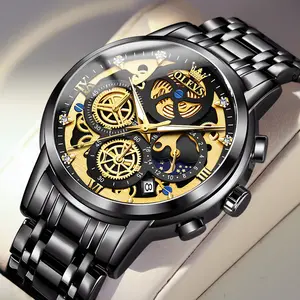 TAXAU Men's Stainless Steel Chronograph Watch, Large Face Gold Silver Tone Black Tone Easy-to-Read Analog Quartz Watch, Luxury Water Resistant Date Diamond Roman Numerals Dial Formal Watch