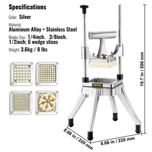 VEVOR Commercial Vegetable Fruit Chopper, Stainless Steel French Fry Cutter with 4 Blades 1/4 3/8 1/2, 6-wedge Slicer, Chopper Dicer with Tray, Heavy Duty Cutter for Potato Tomato Onion Mushroom