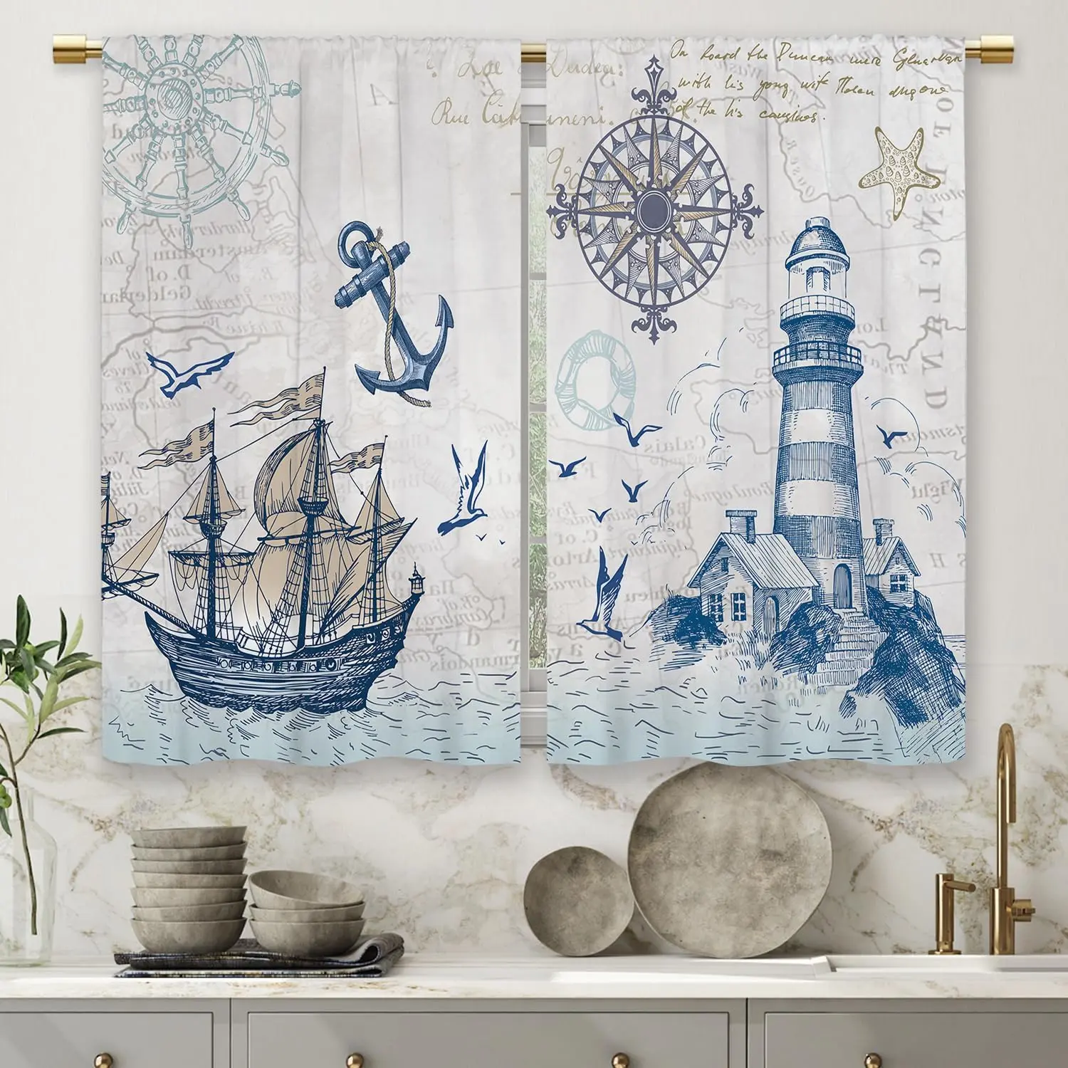 Vintage Nautical Sailboat Kitchen Curtains Lighthouse Compass Anchor Small Short Cafe Window Curtains Sea Ocean Rod Pocket Bathroom Drapes Treatment Tier Curtains 2 Panels (27.5x39 Inch)