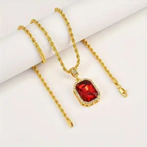Hip Hop Ear Accessories Classic Gold Silver Diamond Square Ruby Pendant Necklace