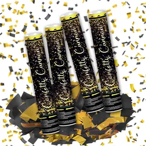 12" Black Gold Confetti Cannon Party Poppers for Birthday Graduation Wedding Retirement New Year Celebrations Easy to Use Black Paper and Gold Foil Confetti Pack of 4
