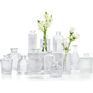 Set of 12 Glass Bud Vases — Small Clear Bud Vases for Flowers (Bulk), Mini Vintage Vases for Rustic Home, Wedding Table Centerpieces and Decorations
