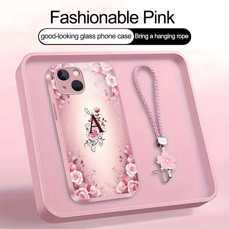 Suitable for [iPhone 13] high-end women's phone case🤩，a beautiful four-leaf clover lanyard is included🍀，a free four-leaf clover lanyard is included, with 26 letters of the alphabet to choose from and  exquisite Rose flower patterns 952