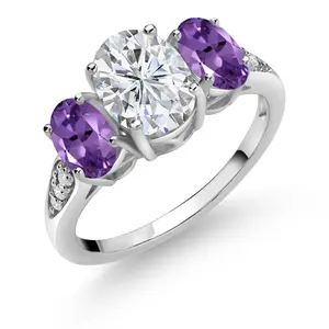 Gem Stone King 10K White Gold 3-Stone Oval Engagement Ring for Women | IGI Certified Lab Grown Diamond and Gemstone Birthstone | 1.00 Ct Center | 6X4MM Oval Sides