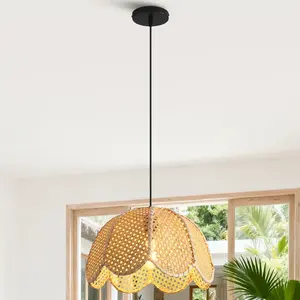 16" Verne Bohemian Handwoven Rattan Island Pendant Light, Natural Wicker Boho Farmhouse Hanging Lamp for Kitchen Dining Decor