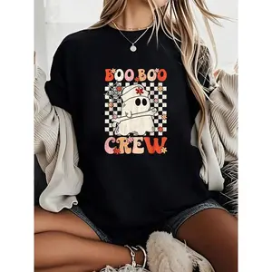 [100% Cotton] 100% Cotton Unisex Groovy Boo Boo Crew Nurse Ghost Paramedic EMT EMS Halloween T-Shirt 180g Printed Round Neck Short Sleeve T-Shirt  Golf Gift T-Shirt For Men and Women