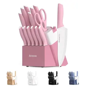 Kitchen Knife Set 14 Pieces – Sharp Stainless Steel Knives with Anti-Rust Coating, Built-in Sharpener, Dishwasher Safe, Pink