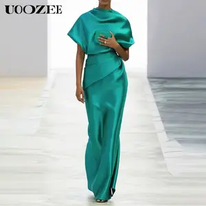 UOOZEE 2026 New Women's Elegant Minimalist Solid Color Polyester-Spandex Satin Cowl Neck Muslim Ramadan Kaftan, Short Sleeves, Ruched Waist, Blazer-Ready Cocktail Party Evening Maxi Dress (1 Size Up Recommended for C-Cup & Above)