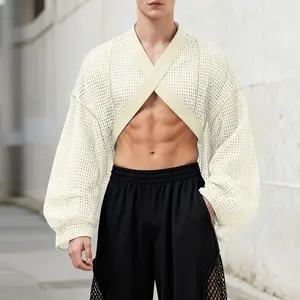 INCERUN Men's Long-Sleeve Basics T-Shirt - High-Quality Polyester Fabric, Spring/Summer Stylish Cutout Cropped Menswear Top