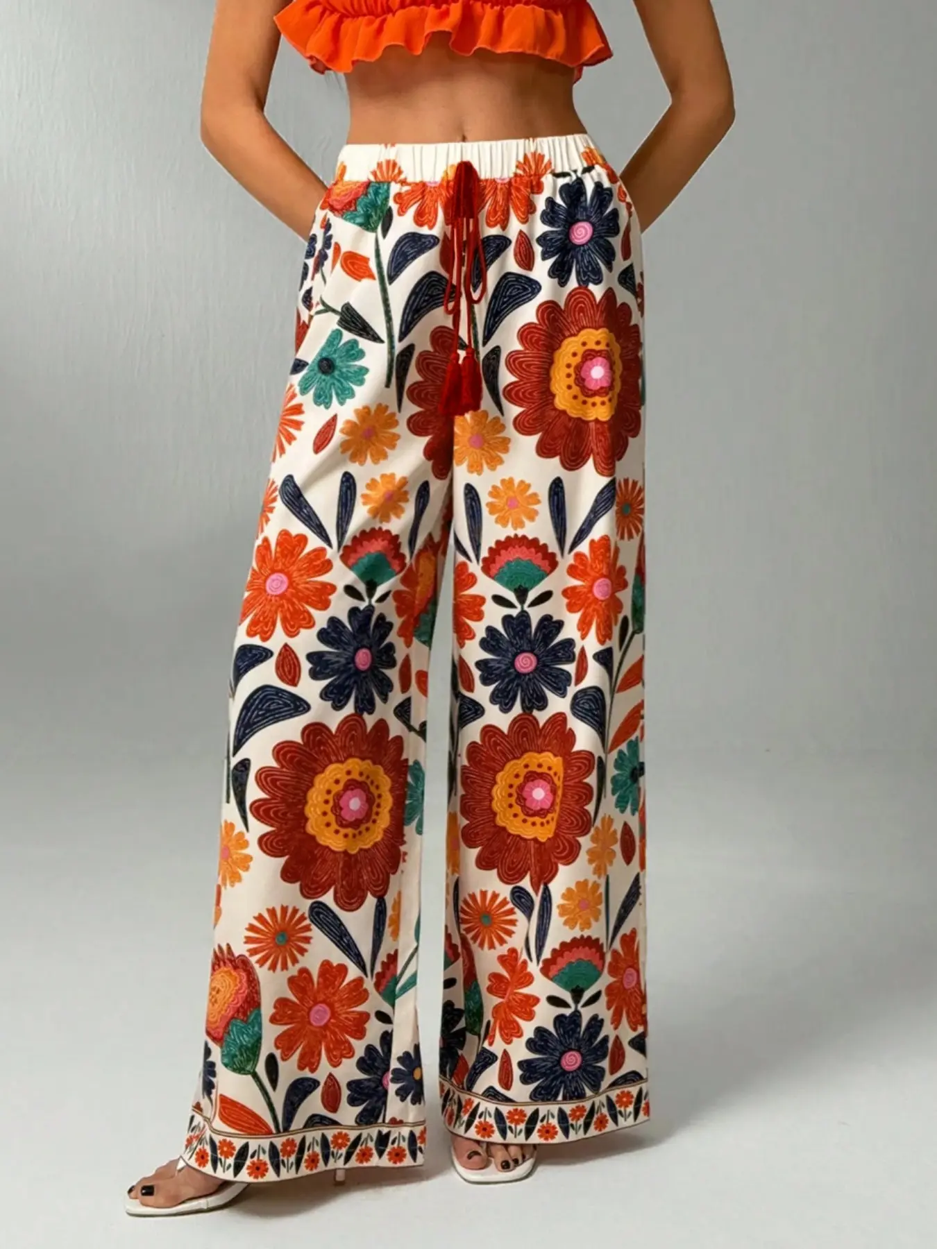 Spring Summer Women's Long Floral Print Wide Leg Pants, Bohemian Style, Elastic Waist, Fringe Detail, Casual Party Lounge Wear, Vacation Style, Comfortable and Stylish, Loose