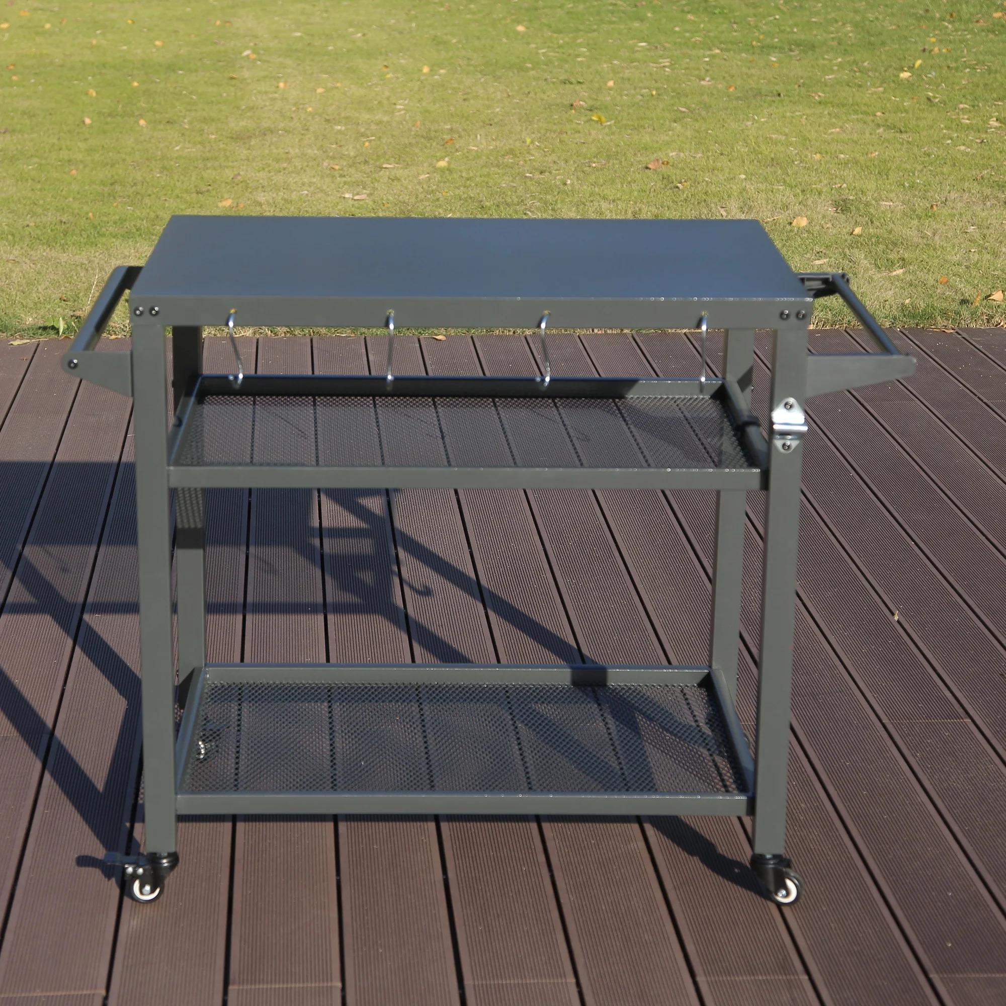 Moveable Outdoor Kitchen BBQ Worktable Trolley 42" W X 22" D 3 Storage Shelves Grill Cart Table Wheels Hooks for Food Parks
