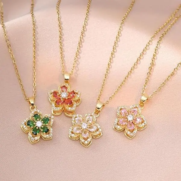 Spinning Necklace for Women Silver Flower Fidget Necklace Rotatable Crystal Blossom Pendant Necklaces Adjustable Spinning Fidget Necklaces Redbud Flower Funny Summer Fashion Jewelry Mother’s Day, Valentine’s Day, gifts for best friends, everyday wear,