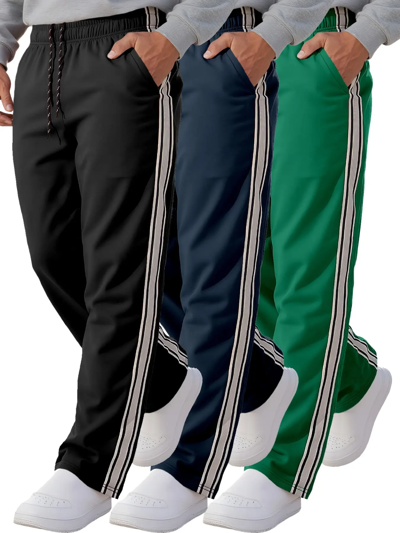 3-piece men's spring and summer striped sports casual fitness trousers, casual athletic pants, athleisure track pants, athleisure design, breathable and comfortable, suitable for daily wear, a must-have in the's wardrobe.
