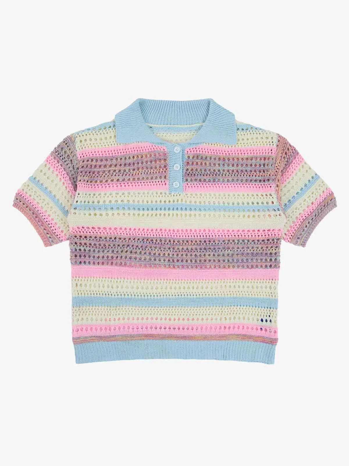 Thesupermade  Men's Retro Pastel Striped Short-Sleeve Relaxed-Fit Polo Shirt - Polyester-Cotton Crochet Knit with Ribbed Details and Hem, Vibe Menswear Top with Buttons