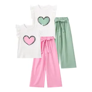 4-Piece Set: New Summer Fashion for Girls – Flowy-Sleeve Heart Print Outfit with Tie-Waist Wide-Leg Pants – Versatile Outfit for Girls