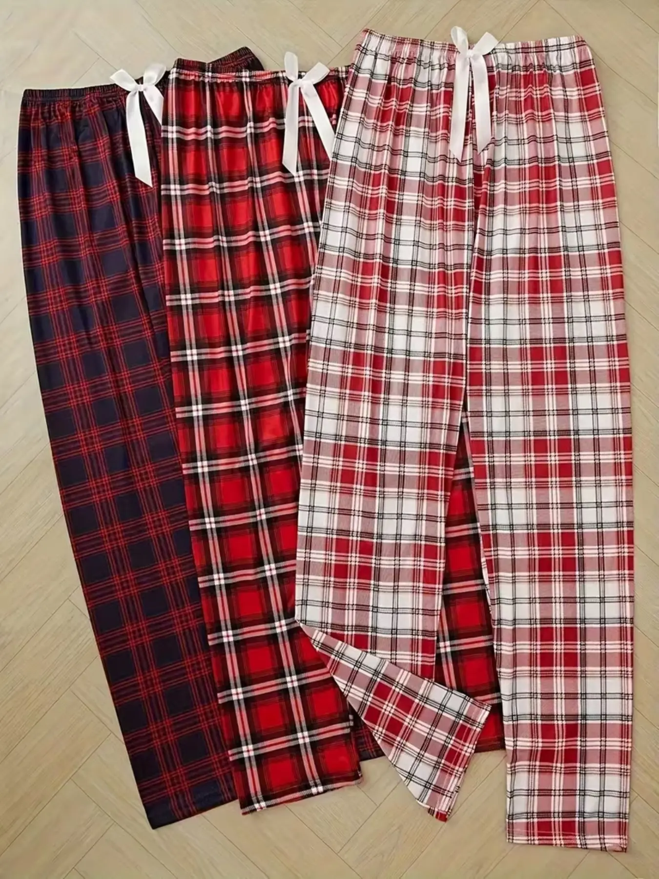 Women's Plaid Print Sleepwear Set, Homewear, Elastic Waistband & Bow Design, Casual Long Home Loungewear Pajama, Perfect for Relaxing at Home