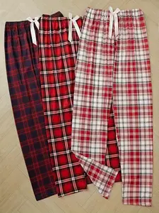 Women's Plaid Print Sleepwear Set, Elastic Waistband & Bow Design, Casual Long Home Loungewear, Perfect for Relaxing at Home, Pajama Set, Homewear