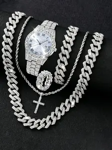 Luxury Party Men's Silver Color Rhinestone Watch Set with Calendar, Stainless Steel Strap, Quartz Movement, Perfect Gift for Christmas & Birthdays