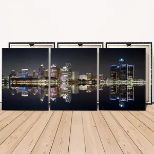 3 Counts Wooden Framed Canvas, Stunning Night City Skyline Reflection Images, Exquisite Print Poster, Perfect Living Room Decoration, Modern Art, Fashion Family Poster, Wall Art Decoration, Odorless, Artwork