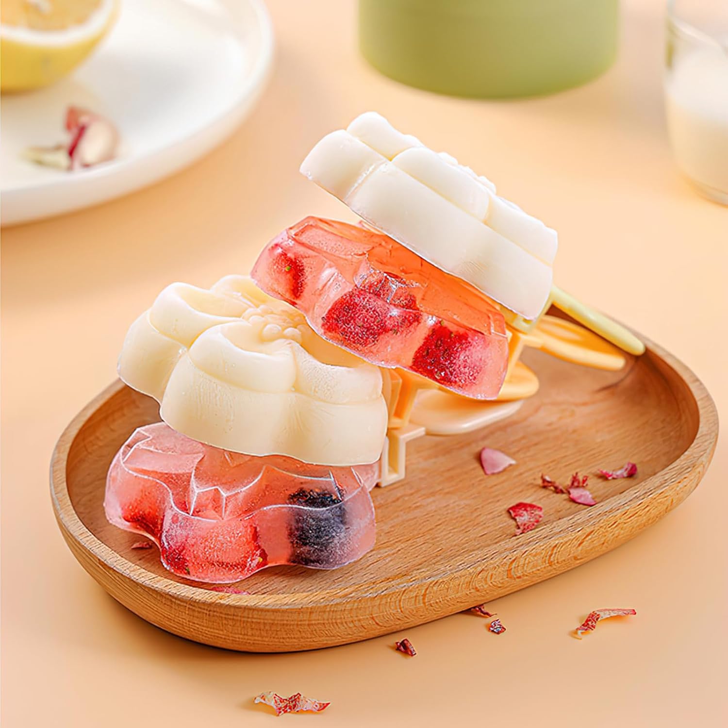 Multi-Layer Ice Cream Mold Flower Shape Silicone Homemade Popsicle Molds Reusable DIY Molds Ice Cream (Green, Double Deck)