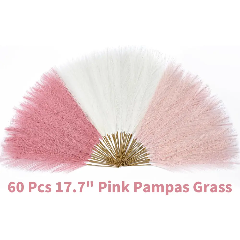 60 Pcs Pampas Grass, 17.7" Pink Pampas Grass Decor, Faux Pampas Grass Home Decoration Wall Decor Vase Filler for Wedding Centerpieces Party Decorations