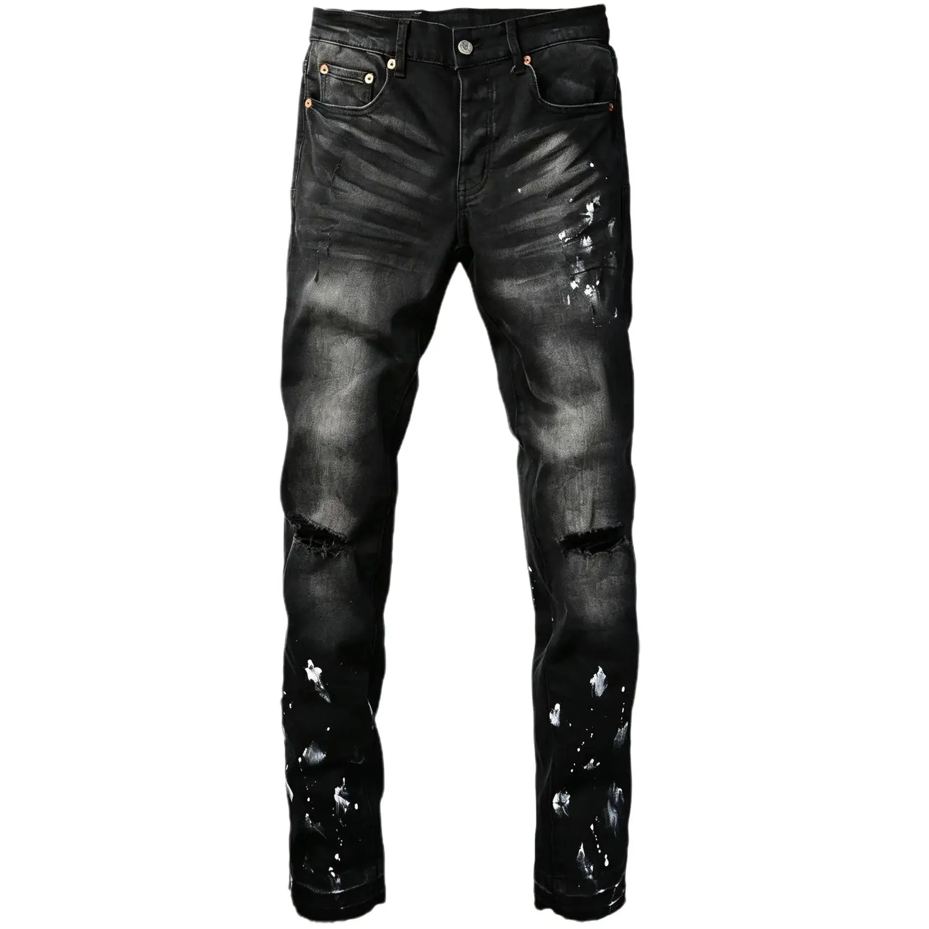 Men’s high-stretch distressed slim-fit jeans; distressed denim long pants with frayed edges and multiple rips; gold-and-white hand-splatter street-style tapered casual pants; men’s bottoms—slim-fit, stretchy, wrinkle-resistant, skin-friendly denim long pa