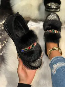 Autumn Winter New Plush Water Drill Platform Women's Shoes, Thick Sole Height Increasing Slip-On, Luxurious Gem Decorated Fur Single Shoe
