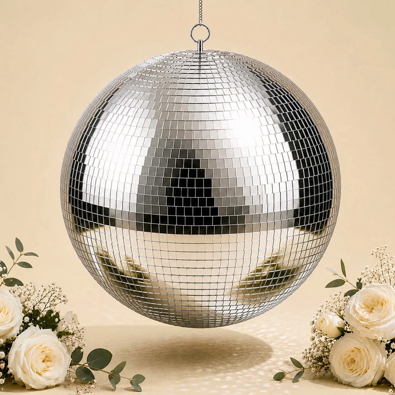 24-Inch Large Metallic Silver Foam Disco Ball - Round Sphere with Hanging Swivel Ring Hanging Mount, Home Party Decorations Ornaments, Holiday Festive Decor, Decorations Supplies, Large Size