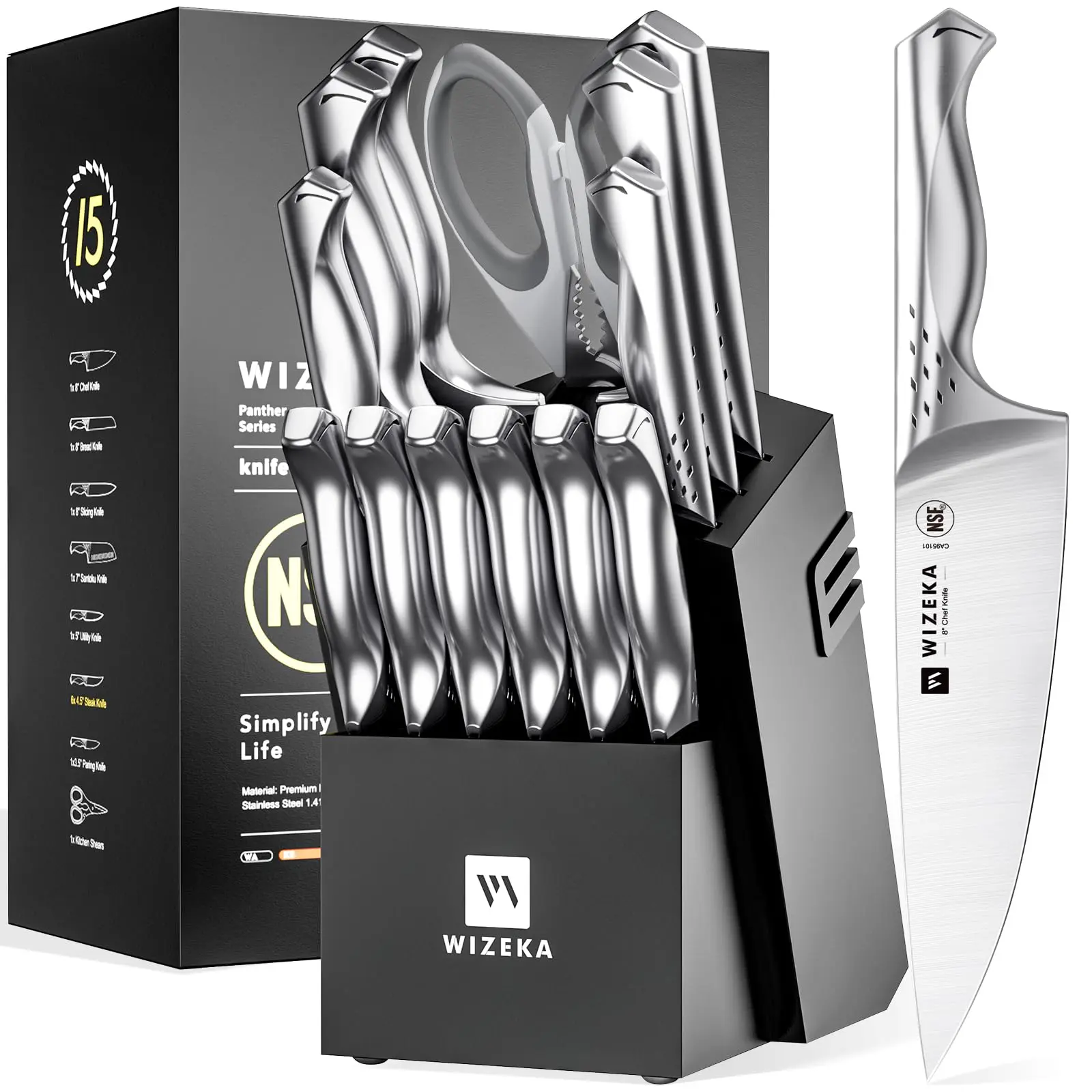 WIZEKA Jaguar 15-Piece Kitchen Knife Set with Thick Wood Block & Built-in Sharpener - Dishwasher Safe Food-Grade Steel Knives, Ergonomic Handles, 15° Sharp Edge, Chef & Slicer Knives, Gift for Home Cooks