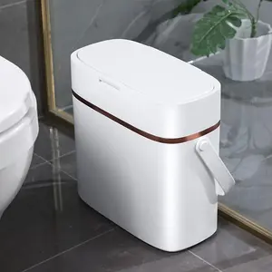 Portable Bedroom Trash Can with Lid, 3.6 Gallon Plastic Trash Can with Handle, Narrow Food Trash Can for Indoor, Bedroom, Office, kitchen, RV, White
