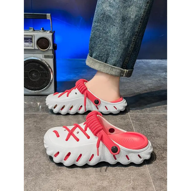 Men's Lace-Up Clog Slippers - Lightweight EVA Foam Upper, Non-Slip Thick Universal Outsole Pattern, Breathable Footwear, Hollow-Out Design, Less Than Ankle, All Seasons Indoor/Outdoor Casual Shoes for Beach Outings, Clogs