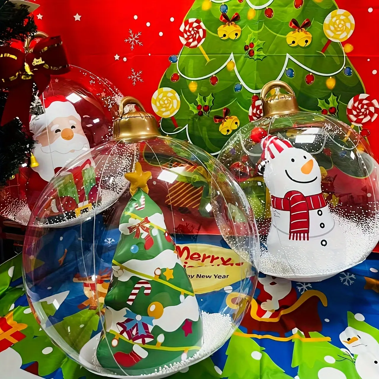 24 Inch Inflatable Ball Decorations, Giant Christmas Outdoor Ornaments, Transparent Balloons for Front Door Pool Porch Yard Decoration