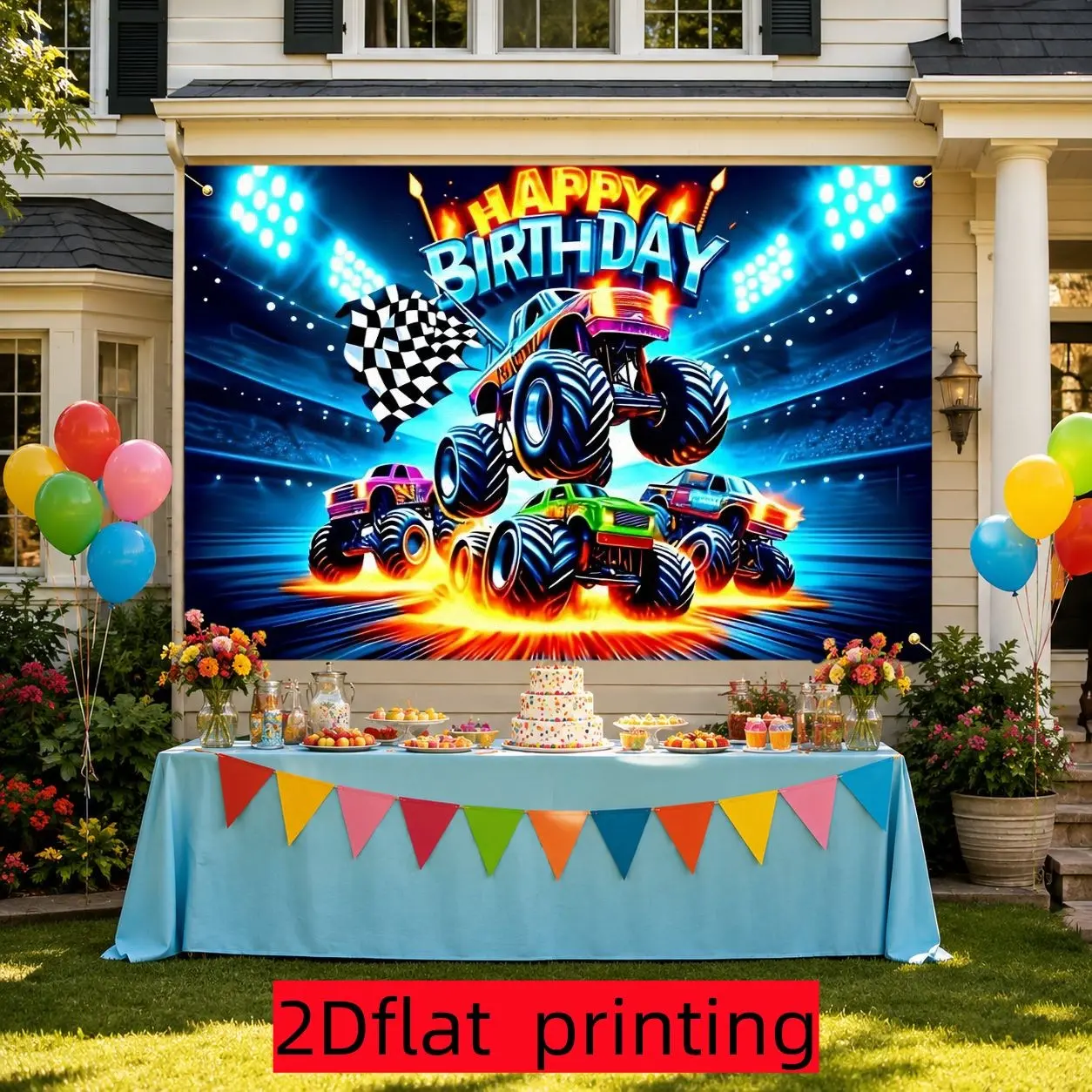 2D Flat Birthday Background Cloth, Monster Truck Happy Birthday Pattern, Racing Theme Party Decoration, Polyester Material, Multiple Sizes Available