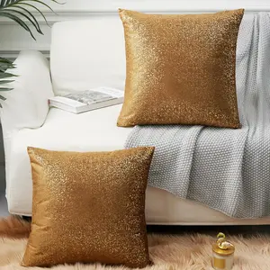 2 Pack Brown Velvet Throw Pillows with Gold Foil Print, 16x16 Inch, Luxury, Metallic Glitter Pattern, Perfect for Home Decor, Living Room, Bedroom, Couch, Sofa