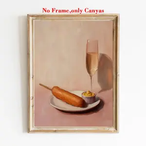 Vintage Poster Wall Art Print, Champagne Hot Dog Canvas Painting, Retro Food Decor for Bedroom & Living Room, Perfect Gift Unframed Canvas Prints