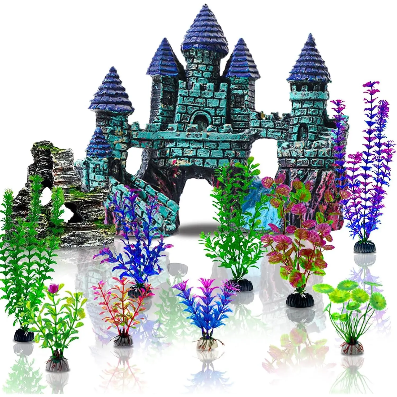 13 count Aquarium Decorations Kit, Fish  Decorations Set Small  Castle and Rockery Betta Fish Cave Hideout Coral Artificial Plastic  Ornament Accessories