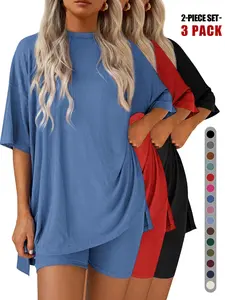 Women's Two Piece Lounge Set Outfits, 2026 Summer Casual Oversized Shirts & Biker Shorts, Fitted Plain Design, Perfect for Airport Travel